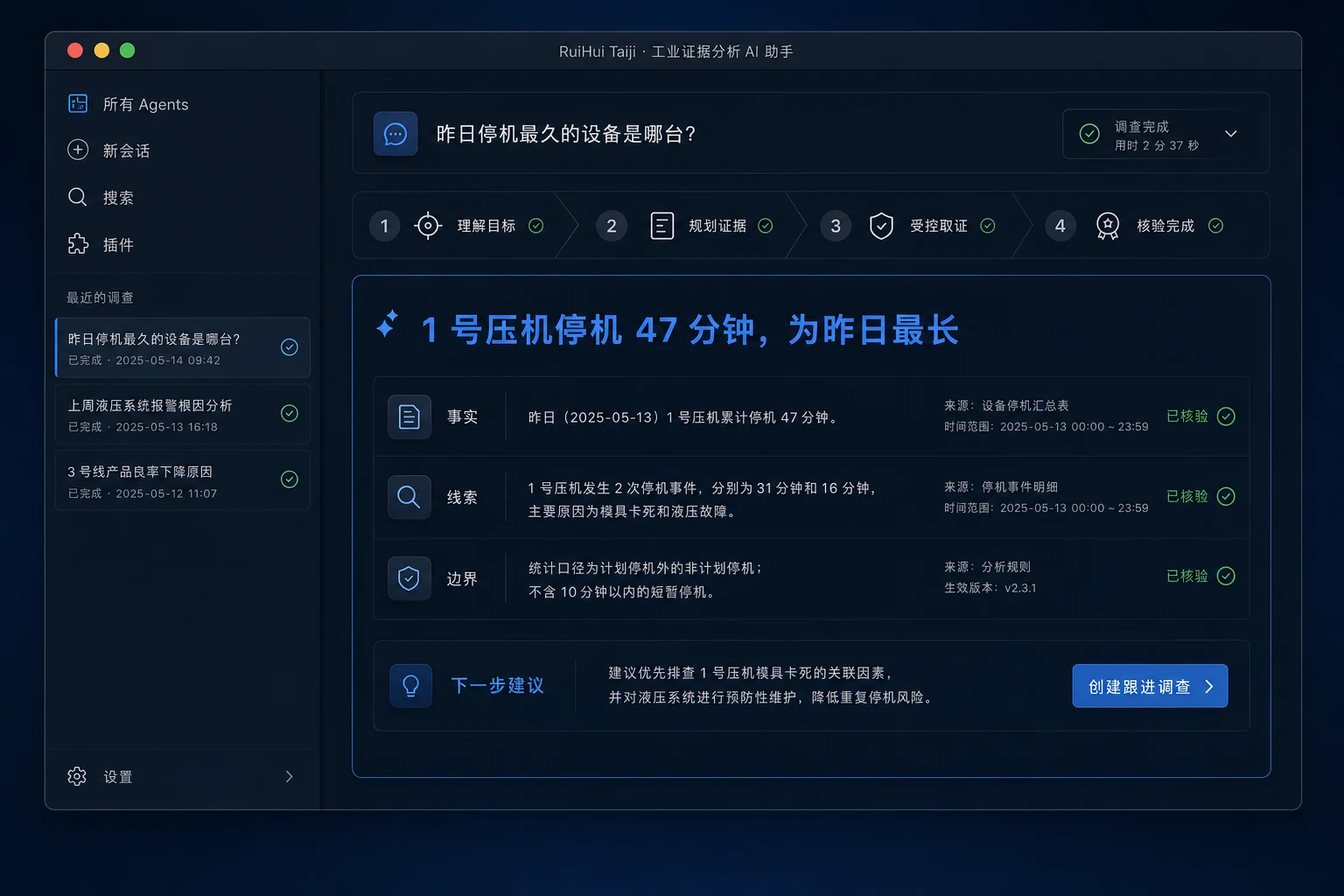 RuiHui Taiji 工业证据调查界面：展示理解目标、规划证据、受控取证与核验结论